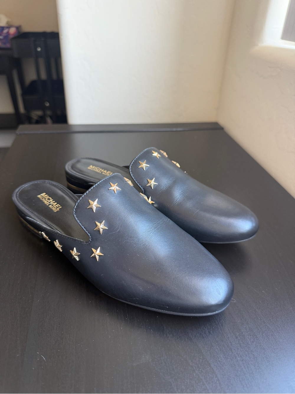 MICHAEL Michael Kors Black Leather Star-Stud Slide Mules